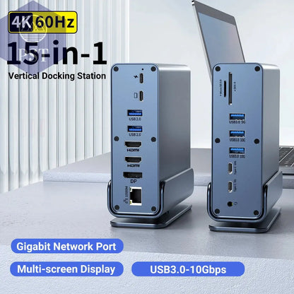 15 in 1 USB-C Docking Station 4K HD Vertical Hub with Triple Monitor ,RJ45 1000M,USB 3.0/2.0,PD 3.0,Sd/Tf,Audio 3.5       PST PS Tradings