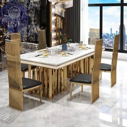 Eleganter Esstisch mit Stühlen Designer Esszimmer Marmor Style Esstisch Set PST PS Tradings Esstisch PST PS Tradings  PST PS Tradings