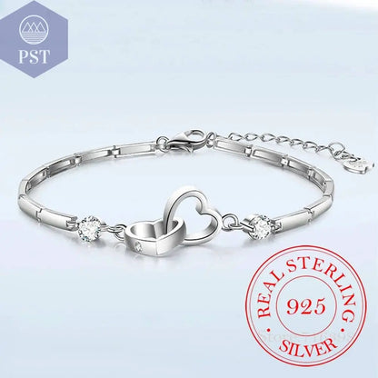 New Charms 925 Sterling Silver Bracelets Bangles for Women Valentine's Days Gift Cubic Zircon Double Heart Bracelet Jewelry - Property & Safety Tradings