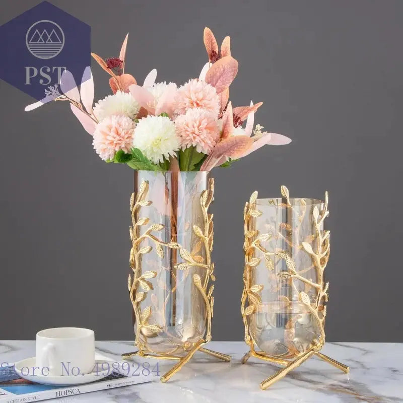 Vase golden Glas Metall Tulpenvase Moderner Stil PST PS Tradings Deko PST PS Tradings  PST PS Tradings Vase golden Glas Metall Tulpenvase Moderner Stil Deko
