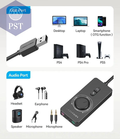 Vention USB External Sound Card USB to 3.5mm Audio Adapter USB to Earphone Microphone for Macbook Computer Laptop PS4 Sound Card       PST PS Tradings